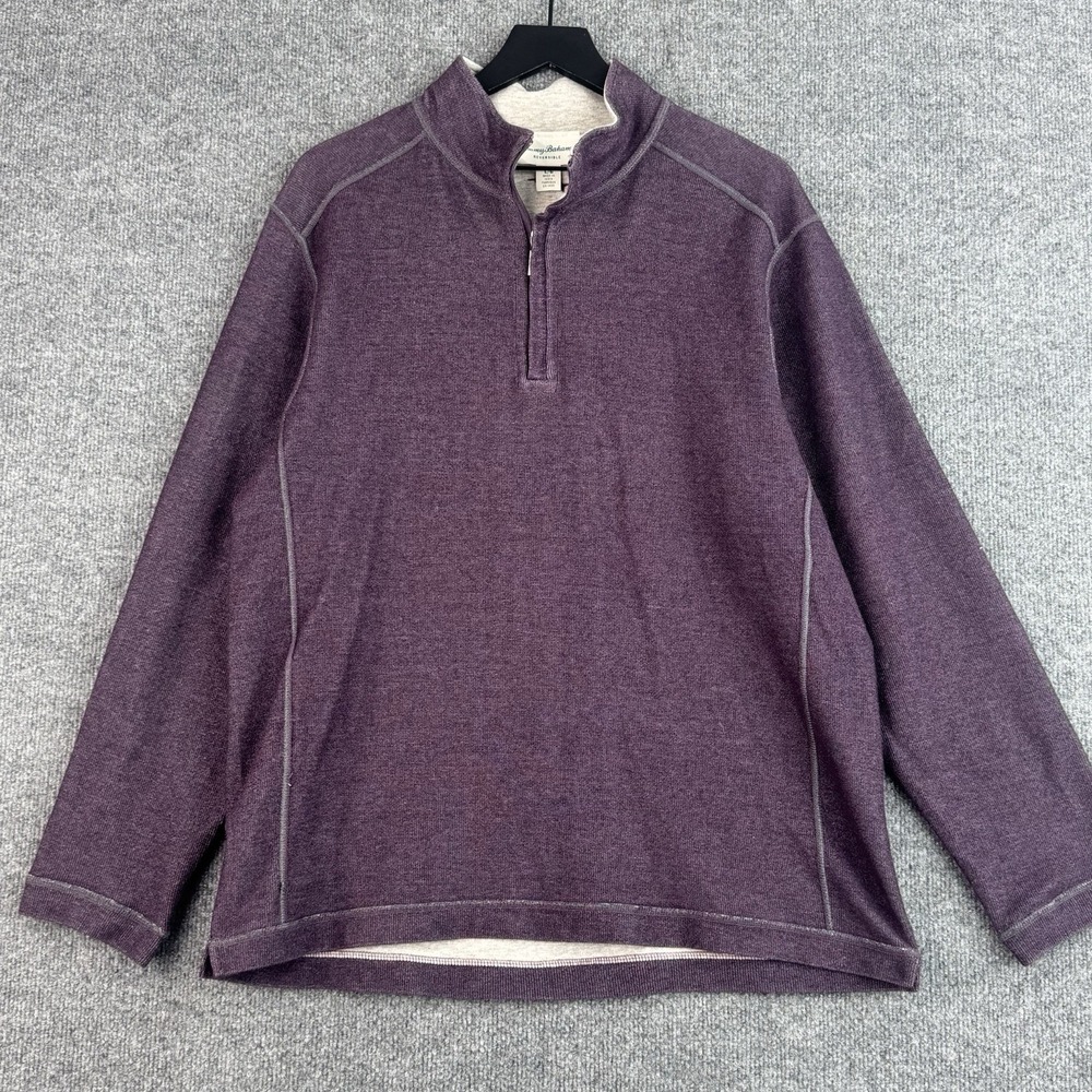 Tommy Bahama Reversible Pullover Mens L Purple Gray Quarter Zip Cotton Stretch